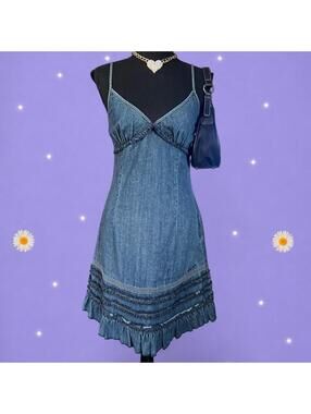 Vintage Y2K DKNY Jeans Denim Ruffle Hem Slip Dress Coquette Dollcore Size 5 💙
